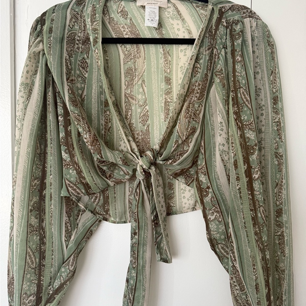Green Paisley Tie-Front Blouse